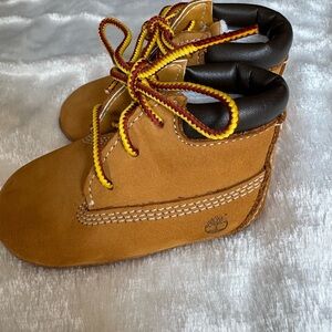 Timberland Kids Tan Nubuck Boots with Yellow and Maroon Laces